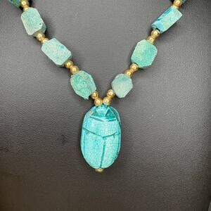 Vintage Scarab Necklace Carved Soapstone Faience Scarab Necklace 28"